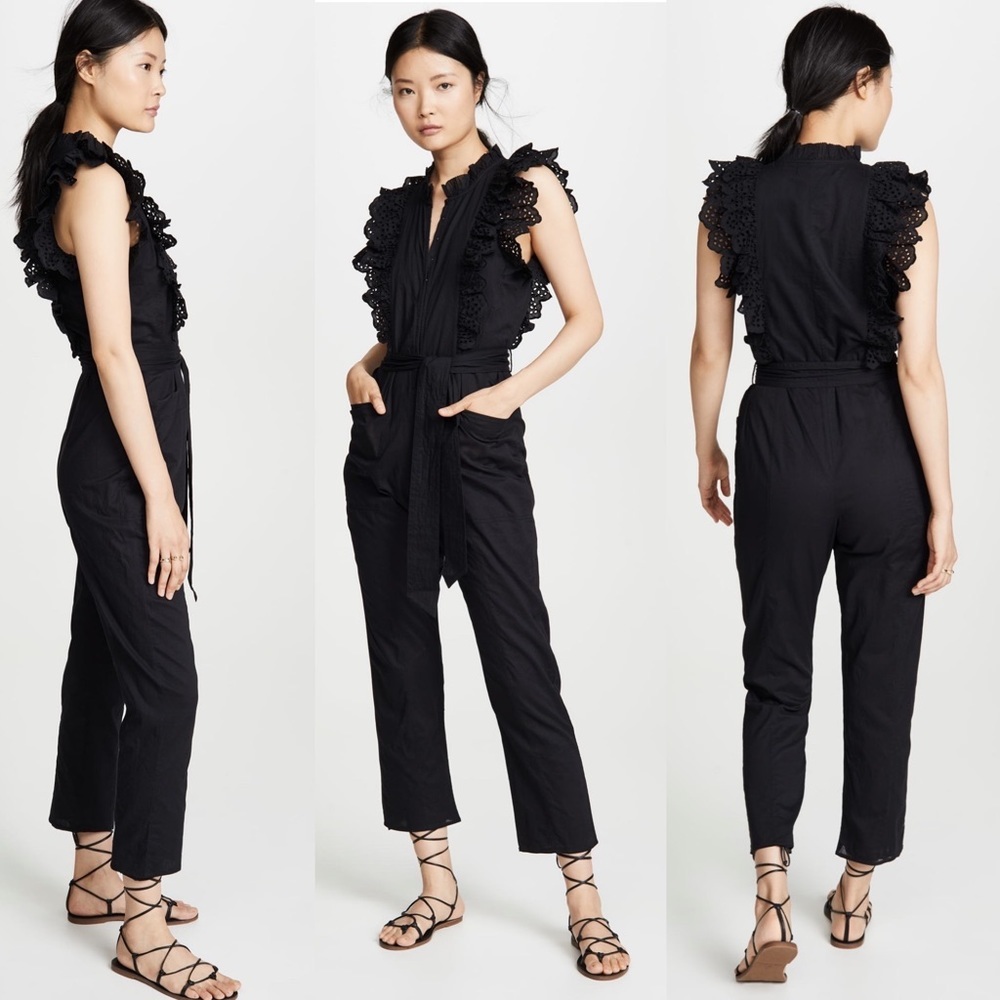 Apiece Apart Black Ruffle Jumpsuit Eyelet Size 0 Belted Pockets Minimalist Boho